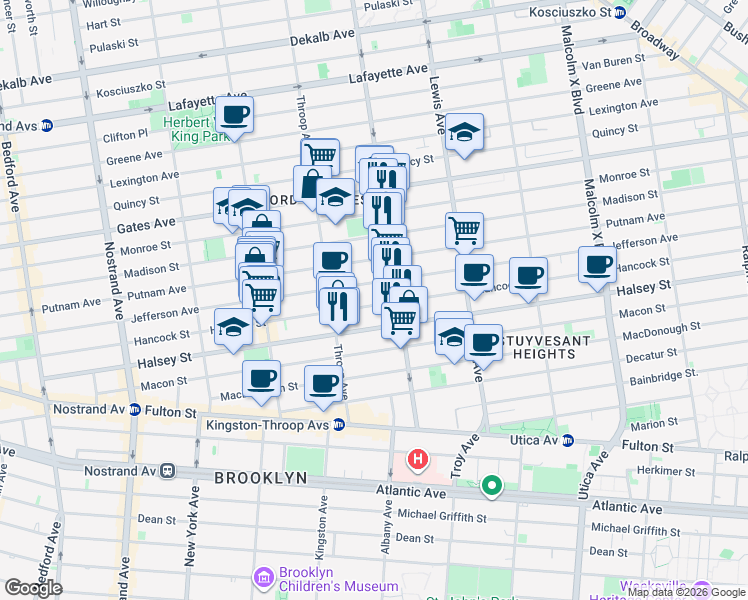 map of restaurants, bars, coffee shops, grocery stores, and more near 419 Hancock Street in Brooklyn