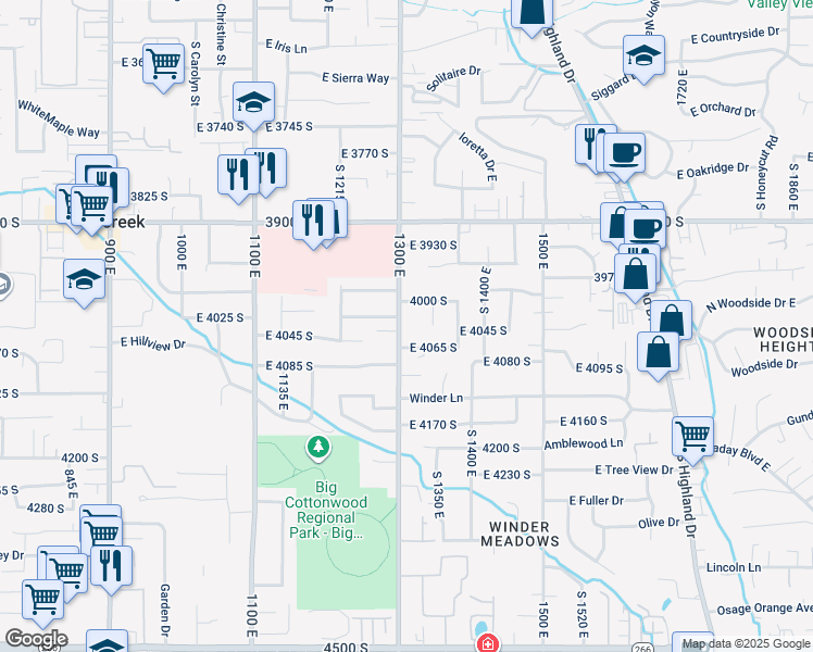 map of restaurants, bars, coffee shops, grocery stores, and more near 4045 South 1300 East in Millcreek