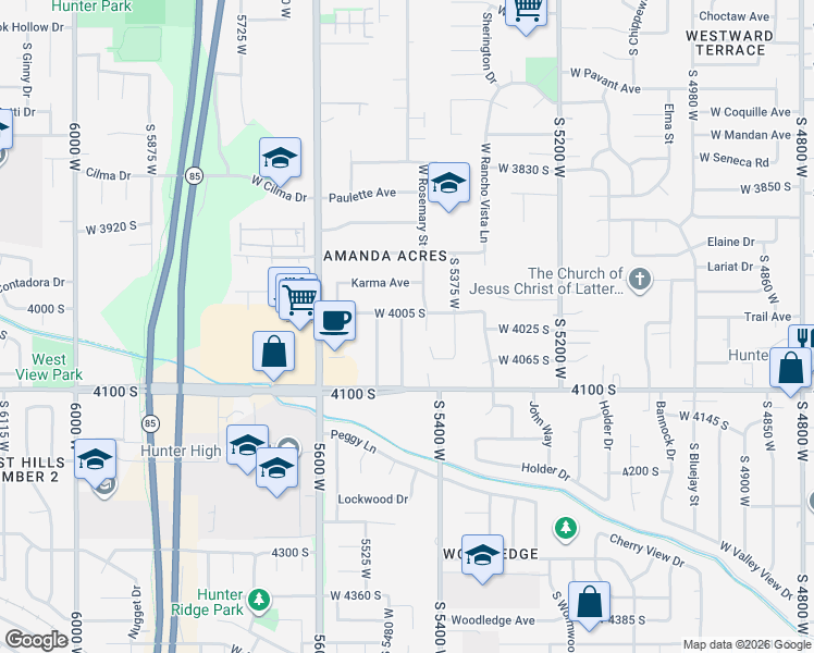 map of restaurants, bars, coffee shops, grocery stores, and more near 5466 Janette Avenue in West Valley City