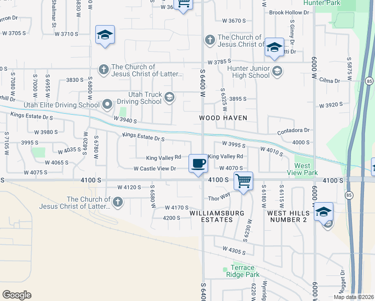 map of restaurants, bars, coffee shops, grocery stores, and more near 6467 Kings Estate Drive South in West Valley City