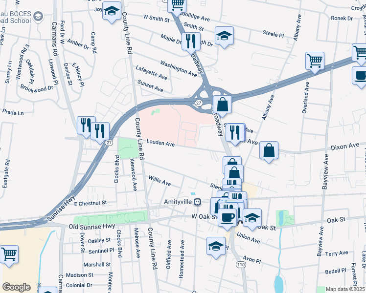 map of restaurants, bars, coffee shops, grocery stores, and more near Louden Avenue in Amityville