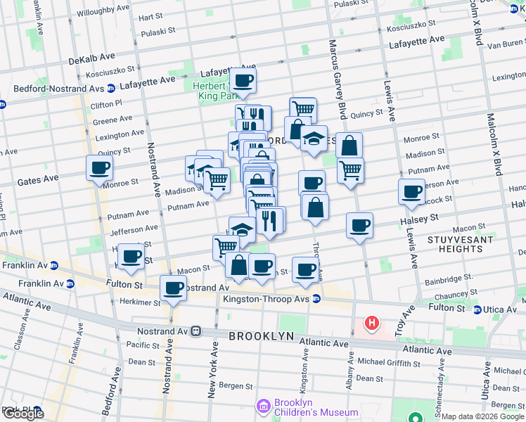 map of restaurants, bars, coffee shops, grocery stores, and more near Jefferson Avenue & Tompkins Avenue in Brooklyn