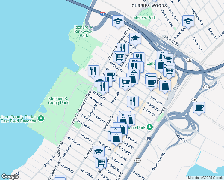 map of restaurants, bars, coffee shops, grocery stores, and more near 217 Avenue B in Bayonne