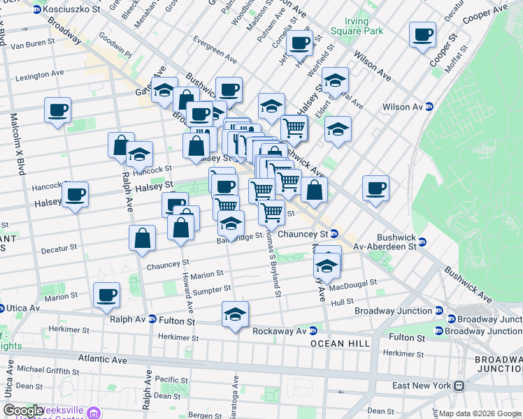 map of restaurants, bars, coffee shops, grocery stores, and more near 36 Thomas S Boyland Street in Brooklyn