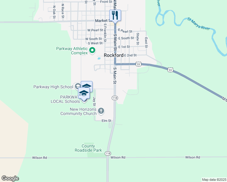 map of restaurants, bars, coffee shops, grocery stores, and more near 400 Buckeye Street in Rockford