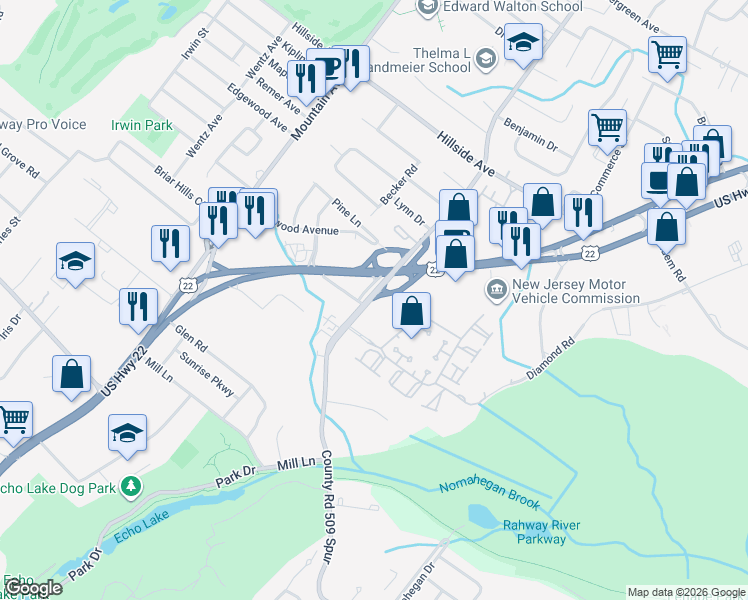 map of restaurants, bars, coffee shops, grocery stores, and more near 305 U.S. 22 in Springfield Township