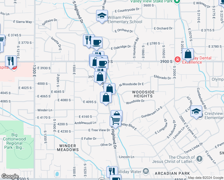 map of restaurants, bars, coffee shops, grocery stores, and more near 1701 Woodside Drive in Holladay