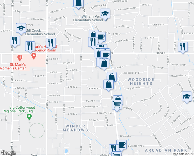 map of restaurants, bars, coffee shops, grocery stores, and more near 4008 Vernon Circle in Millcreek