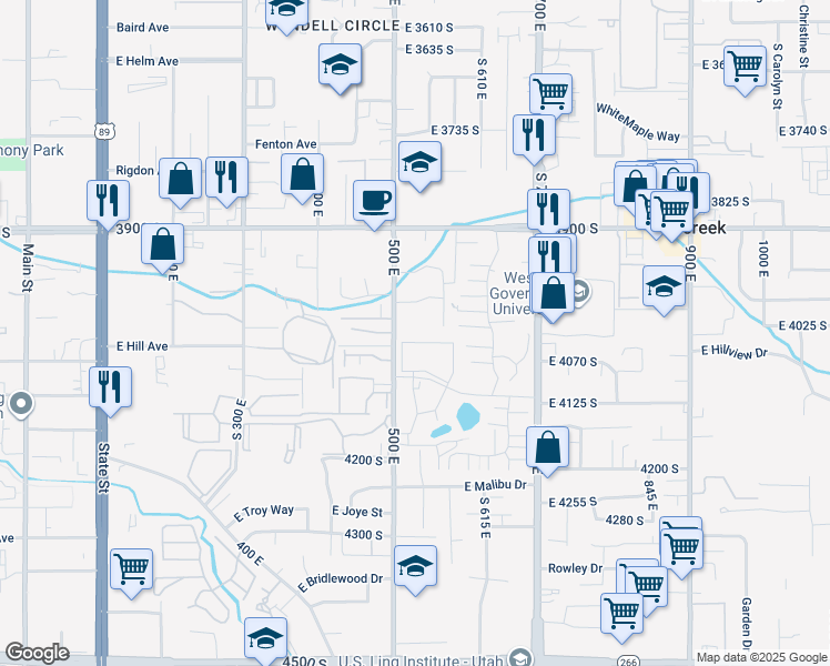 map of restaurants, bars, coffee shops, grocery stores, and more near 4021 500 East in Murray