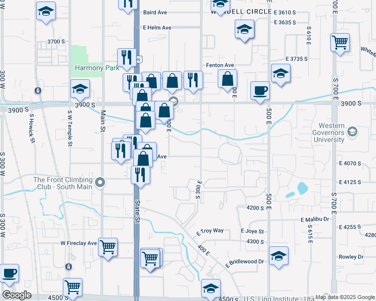 map of restaurants, bars, coffee shops, grocery stores, and more near 272 Park Hill Way in Millcreek