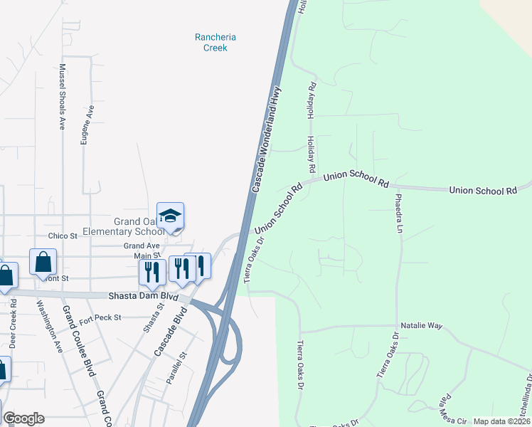 map of restaurants, bars, coffee shops, grocery stores, and more near 19254 Union School Road in Redding