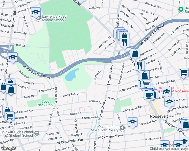 map of restaurants, bars, coffee shops, grocery stores, and more near 27 Wilbur Lane in Roosevelt