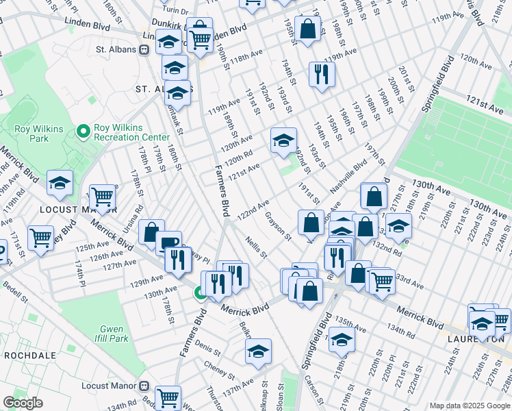 map of restaurants, bars, coffee shops, grocery stores, and more near 121-47 Grayson Street in Queens
