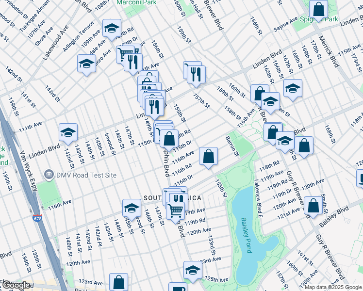 map of restaurants, bars, coffee shops, grocery stores, and more near 150-42 115th Road in Queens