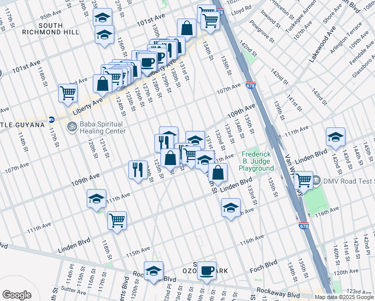 map of restaurants, bars, coffee shops, grocery stores, and more near 129-04 109th Avenue in Queens