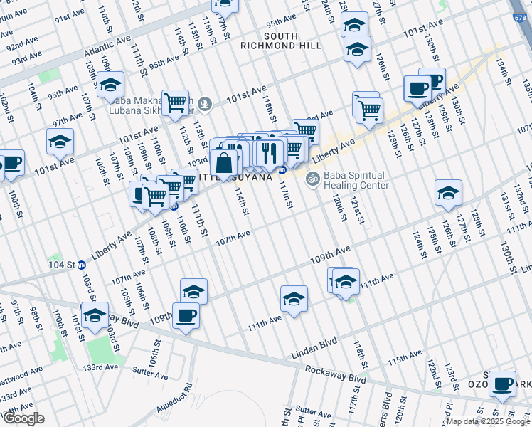 map of restaurants, bars, coffee shops, grocery stores, and more near 104-67 115th Street in Queens