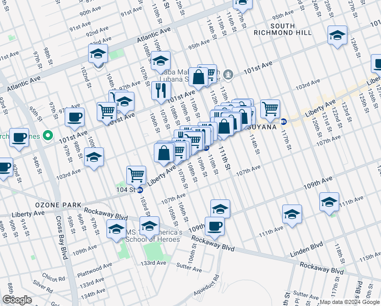map of restaurants, bars, coffee shops, grocery stores, and more near in Queens