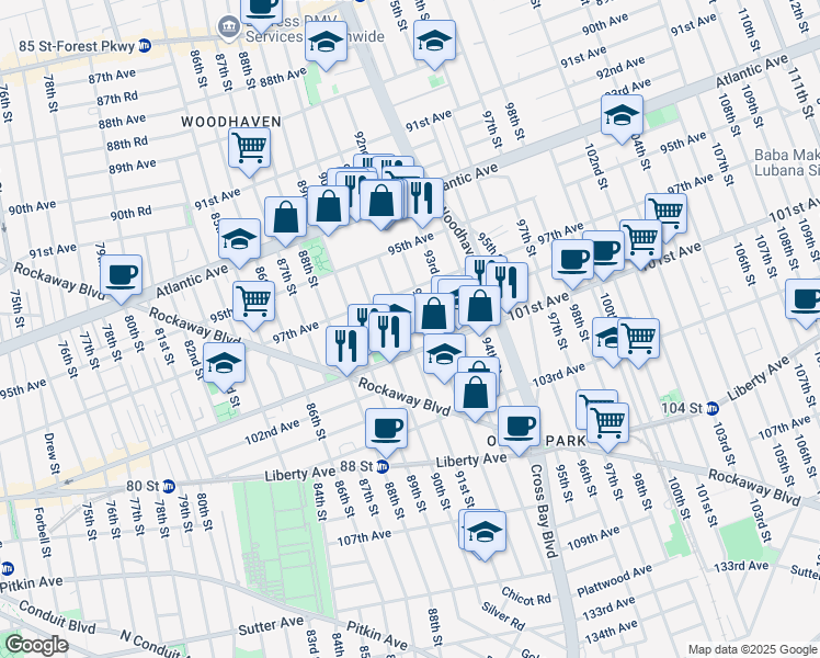 map of restaurants, bars, coffee shops, grocery stores, and more near 97-22 92nd Street in Queens