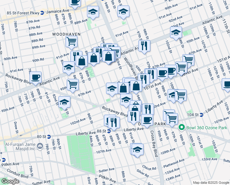 map of restaurants, bars, coffee shops, grocery stores, and more near 97-22 92nd Street in Queens
