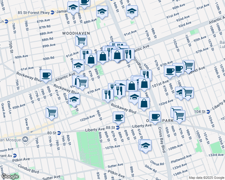 map of restaurants, bars, coffee shops, grocery stores, and more near 89-18 97th Avenue in Queens
