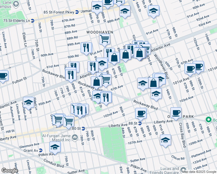 map of restaurants, bars, coffee shops, grocery stores, and more near 85-08 95th Avenue in Queens