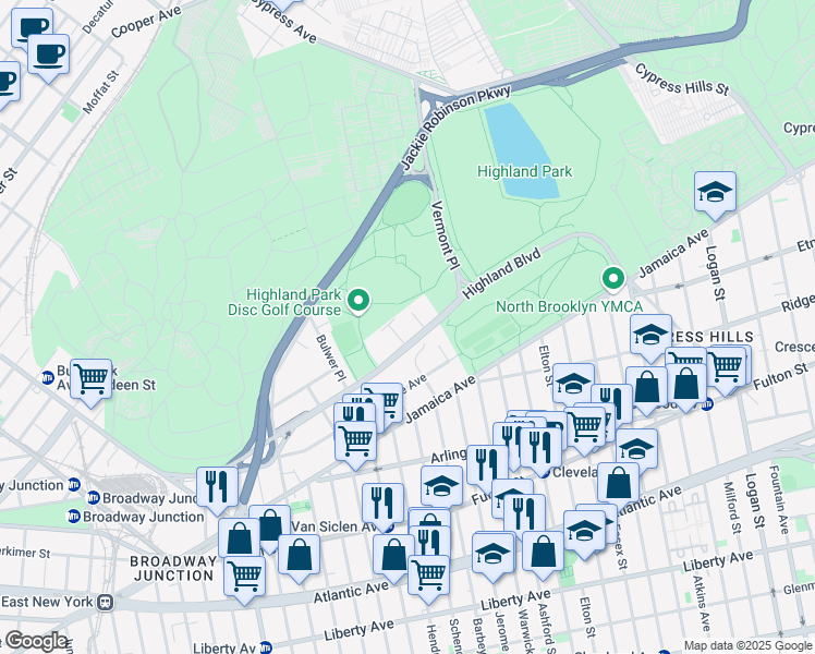 map of restaurants, bars, coffee shops, grocery stores, and more near 303 Highland Boulevard in Brooklyn