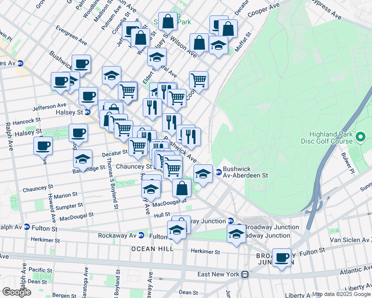 map of restaurants, bars, coffee shops, grocery stores, and more near 700 Chauncey Street in Brooklyn