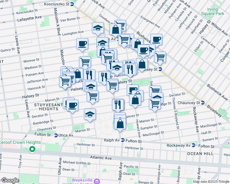 map of restaurants, bars, coffee shops, grocery stores, and more near 774 Halsey Street in Brooklyn