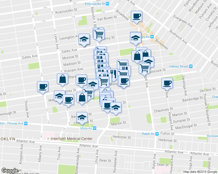 map of restaurants, bars, coffee shops, grocery stores, and more near 668 Hancock Street in Brooklyn