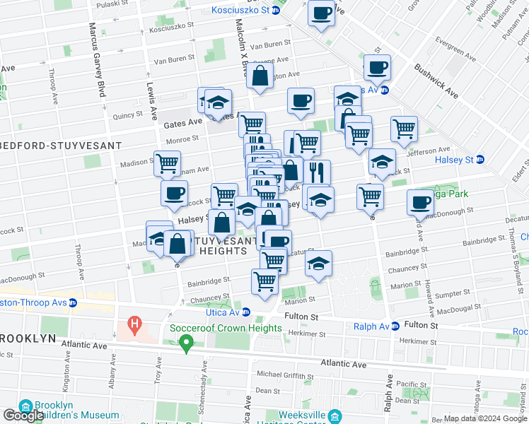 map of restaurants, bars, coffee shops, grocery stores, and more near 668 Hancock Street in Brooklyn