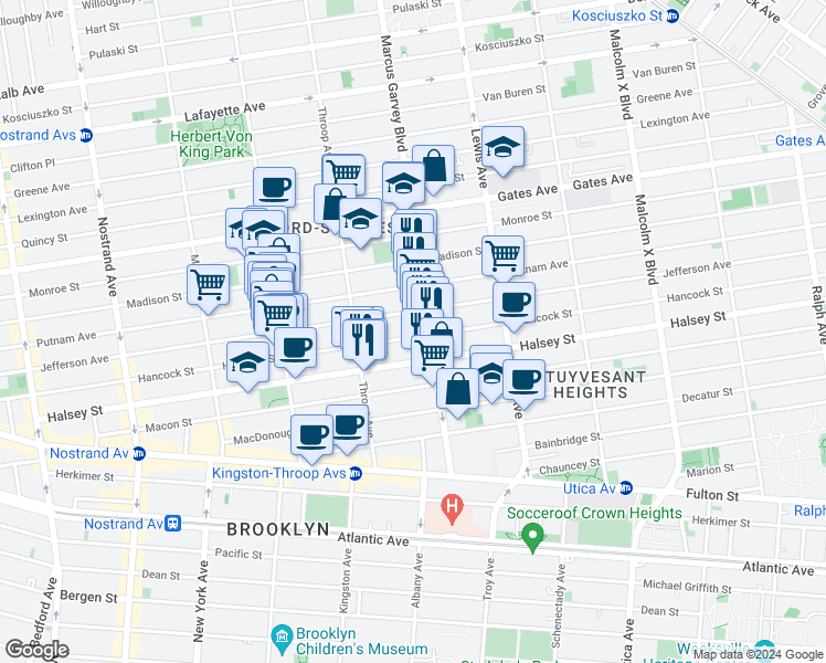 map of restaurants, bars, coffee shops, grocery stores, and more near 465 Jefferson Avenue in Brooklyn