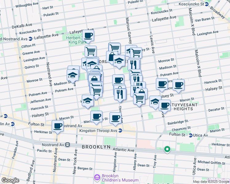 map of restaurants, bars, coffee shops, grocery stores, and more near 521 Throop Avenue in Brooklyn
