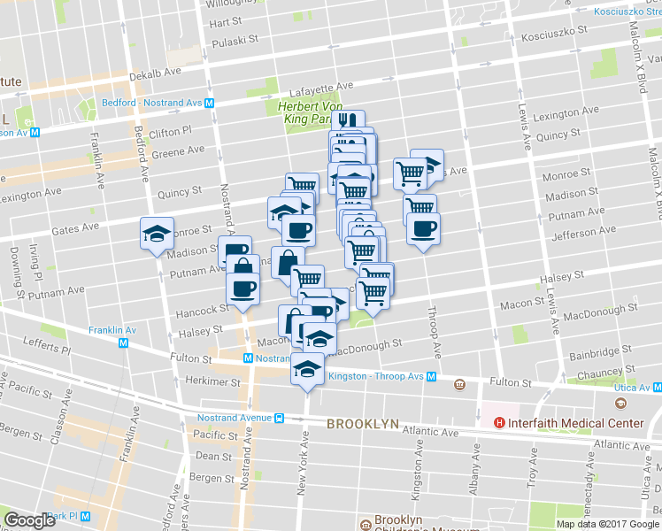 map of restaurants, bars, coffee shops, grocery stores, and more near 392 Putnam Avenue in Brooklyn