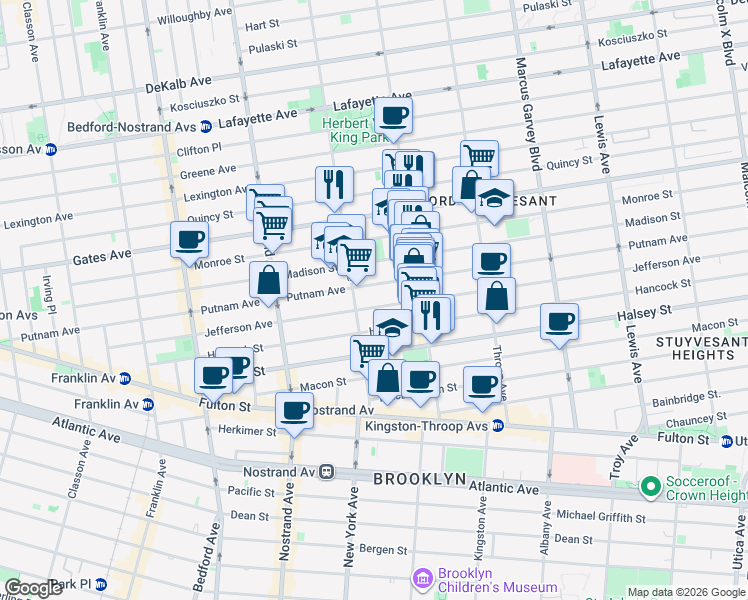 map of restaurants, bars, coffee shops, grocery stores, and more near 392 Putnam Avenue in Brooklyn