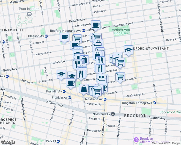 map of restaurants, bars, coffee shops, grocery stores, and more near 192 Madison Street in Brooklyn