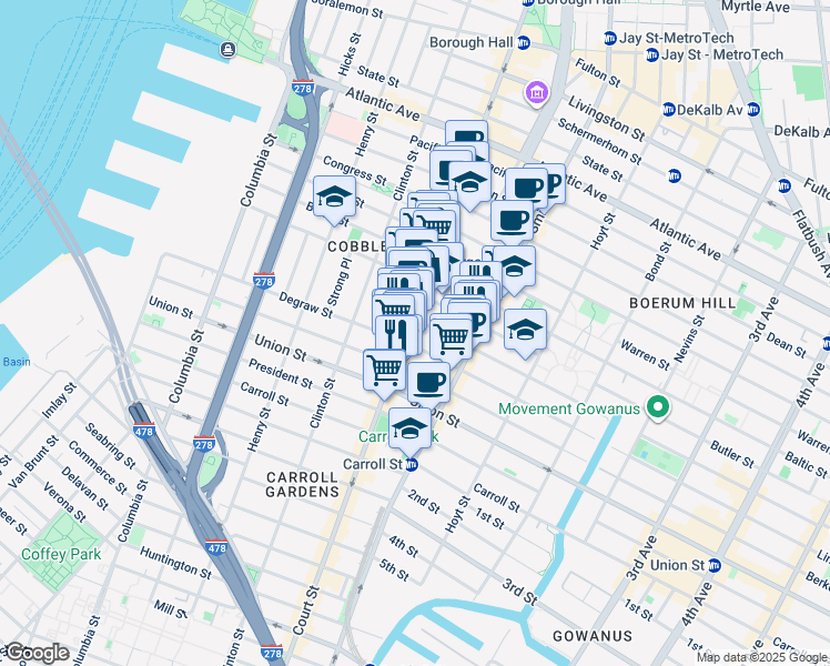 map of restaurants, bars, coffee shops, grocery stores, and more near 285 Court Street in Brooklyn