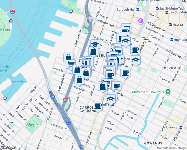map of restaurants, bars, coffee shops, grocery stores, and more near 236 Degraw Street in Brooklyn