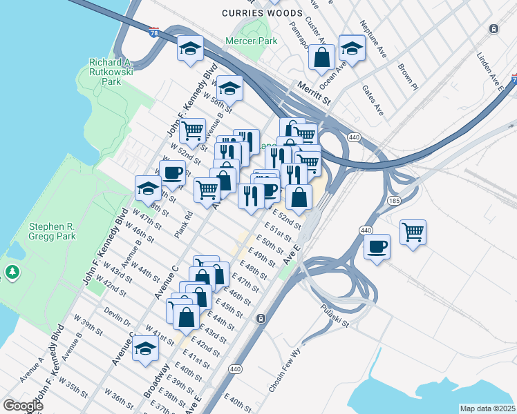map of restaurants, bars, coffee shops, grocery stores, and more near 13 West 52nd Street in Bayonne