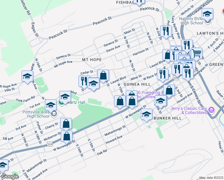 map of restaurants, bars, coffee shops, grocery stores, and more near 328 North 12th Street in Pottsville