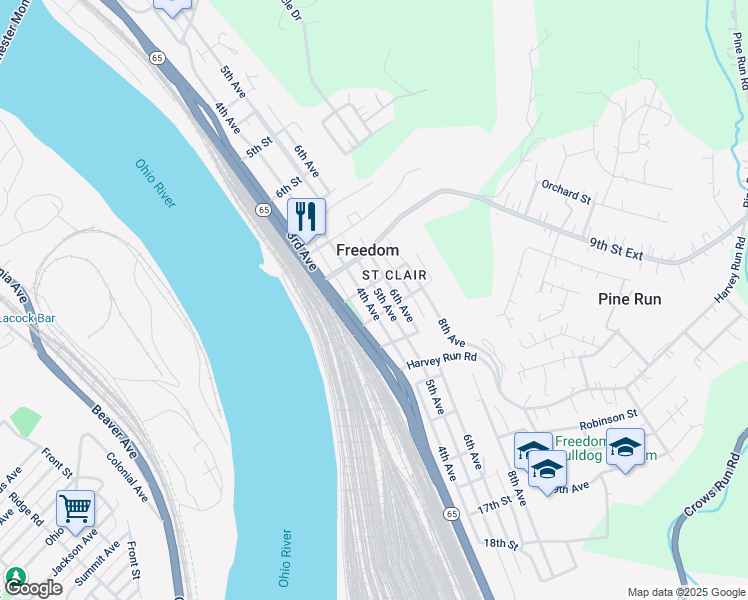 map of restaurants, bars, coffee shops, grocery stores, and more near 500 10th Street in Freedom