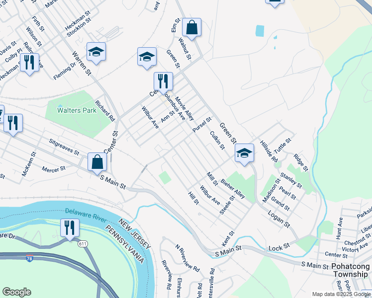 map of restaurants, bars, coffee shops, grocery stores, and more near 381 Pursel Street in Phillipsburg