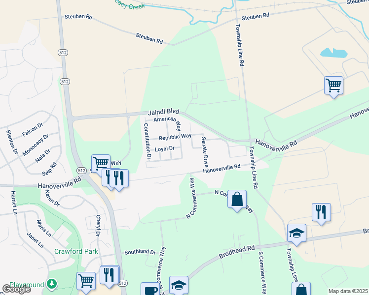 map of restaurants, bars, coffee shops, grocery stores, and more near 6622 American Way in Bethlehem