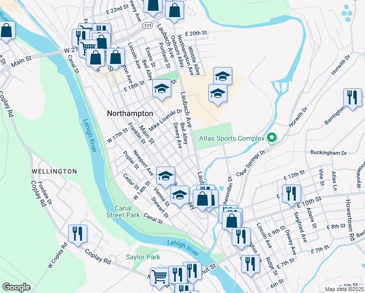 map of restaurants, bars, coffee shops, grocery stores, and more near 1441 Dewey Avenue in Northampton