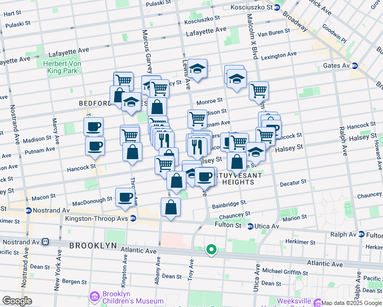 map of restaurants, bars, coffee shops, grocery stores, and more near 486 Hancock Street in Brooklyn