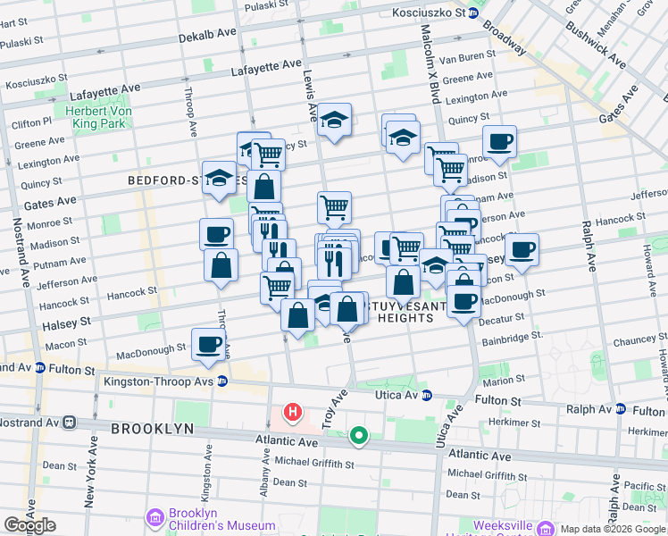 map of restaurants, bars, coffee shops, grocery stores, and more near 340 Lewis Avenue in Brooklyn