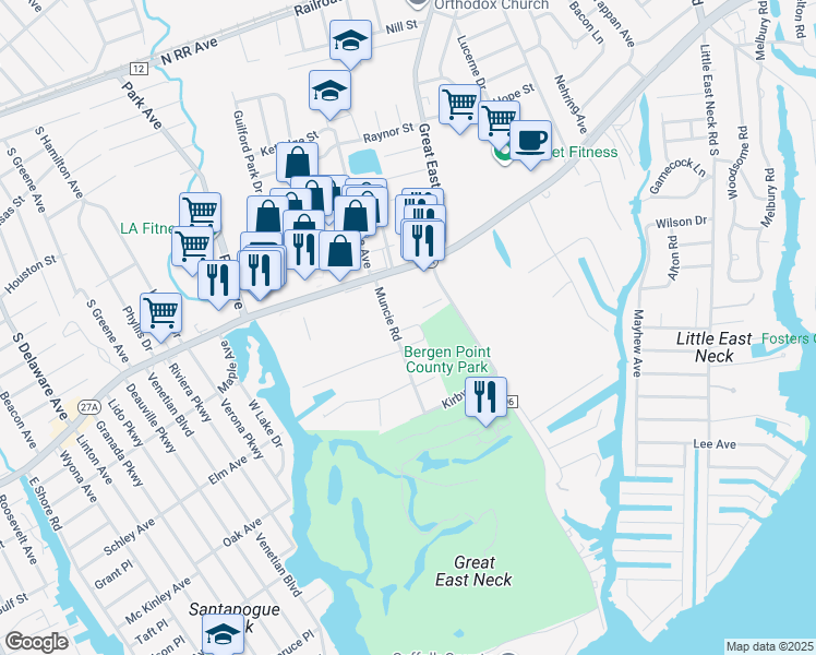 map of restaurants, bars, coffee shops, grocery stores, and more near 112 Curcio Court in West Babylon