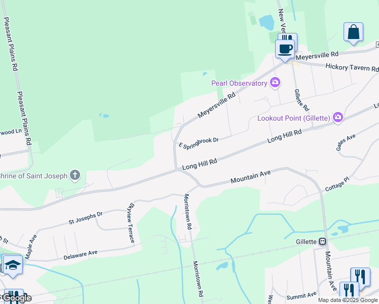 map of restaurants, bars, coffee shops, grocery stores, and more near 27 East Springbrook Drive in Long Hill