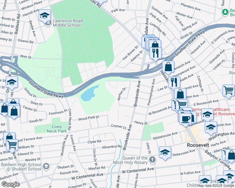 map of restaurants, bars, coffee shops, grocery stores, and more near 27 Wilbur Lane in Roosevelt