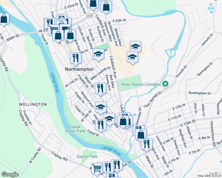 map of restaurants, bars, coffee shops, grocery stores, and more near 1441 Dewey Avenue in Northampton
