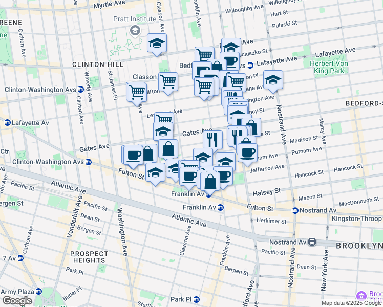 map of restaurants, bars, coffee shops, grocery stores, and more near 23 Madison Street in Brooklyn